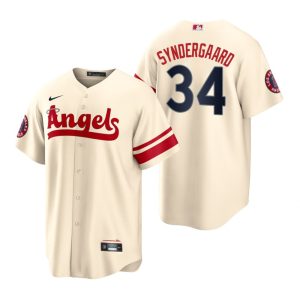 Stunning Los Angeles Angels #34 Noah Syndergaard Cream Men's MLB Nike 2022 City Connect Game Jersey