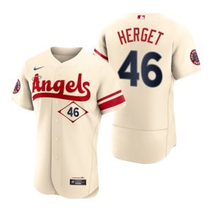 Outstanding Los Angeles Angels #46 Jimmy Herget Cream Men's MLB Nike Authentic 2022 City Connect Jersey