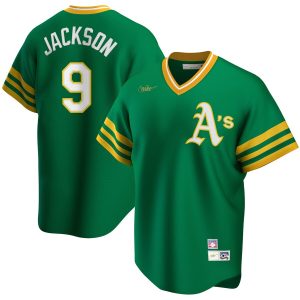 Superb Oakland Athletics #9 Reggie Jackson Nike Road Cooperstown Collection Player MLB Jersey Kelly Green