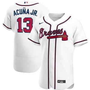 Premium Atlanta Braves #13 Ronald Acuna Jr. Men's Nike White Home 2020 Authentic Player MLB Jersey