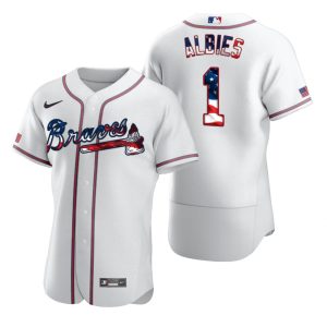 Premium Atlanta Braves #1 Ozzie Albies Men's Nike White Fluttering USA Flag Limited Edition Authentic MLB Jersey