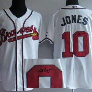 Amazing Braves #10 Chipper Jones White Cool Base Autographed Stitched MLB Jersey