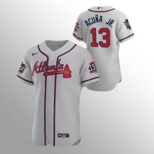 Delightful Atlanta Braves #13 Ronald Acuna Jr. Men's Nike 150th Anniversary 2021 World Series Authentic MLB Jersey   Grey