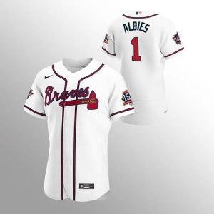 Delightful Atlanta Braves #1 Ozzie Albies Men's Nike 150th Anniversary 2021 World Series Authentic MLB Jersey   White