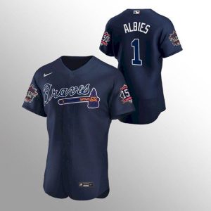 HighQuality Atlanta Braves #1 Ozzie Albies Men's Nike 150th Anniversary 2021 World Series Authentic MLB Jersey   Navy