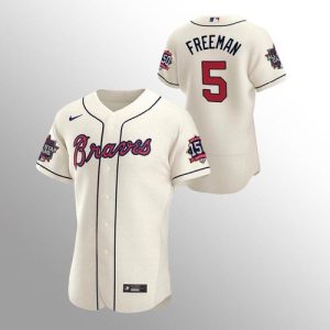 Fantastic Atlanta Braves #5 Freddie Freeman Men's Nike 150th Anniversary 2021 World Series Authentic MLB Jersey   Cream