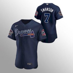 Outstanding Atlanta Braves #7 Dansby Swanson Men's Nike 150th Anniversary 2021 World Series Authentic MLB Jersey   Navy