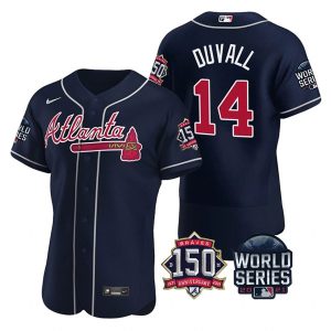 Fantastic Atlanta Braves #14 Adam Duvall Men's Nike 150th Anniversary 2021 World Series Authentic MLB Jersey   Navy