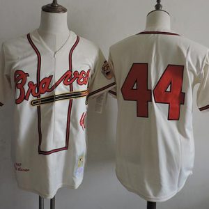 Premium Mitchell And Ness 1957 Braves #44 Hank Aaron Cream Throwback Stitched MLB Jersey