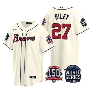 Outstanding Atlanta Braves #27 Austin Riley Men's Nike 150th Anniversary 2021 World Series Game MLB Jersey   Cream