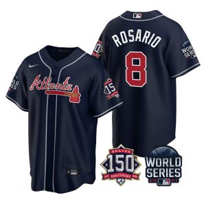 Amazing Atlanta Braves #8 Eddie Rosario Men's Nike 150th Anniversary 2021 World Series Game MLB Jersey   Navy