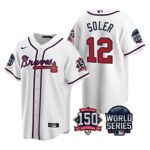 Superb Atlanta Braves #12 Jorge Soler Men's Nike 150th Anniversary 2021 World Series Game MLB Jersey   White