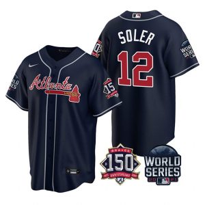 Amazing Atlanta Braves #12 Jorge Soler Men's Nike 150th Anniversary 2021 World Series Game MLB Jersey   Navy