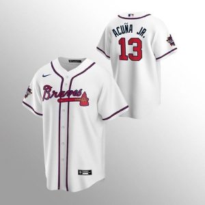 Fantastic Atlanta Braves #13 Ronald Acuna Jr. Men's Nike 150th Anniversary 2021 World Series Game MLB Jersey   White