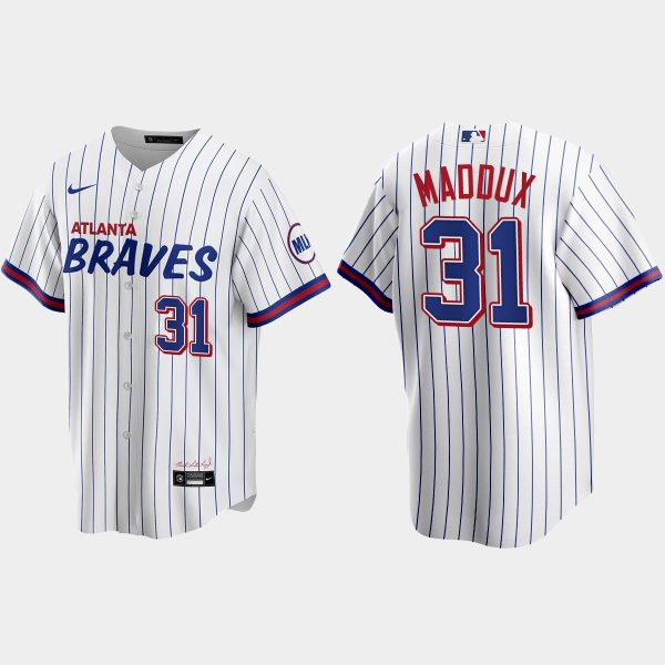 Amazing Atlanta Braves #31 Greg Maddux White Men's Nike 2021 City Connect Replica MLB Jersey