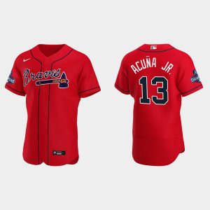 Fantastic Atlanta Braves #13 Ronald Acuna Jr. Men's Nike 2021 World Series Champions Patch MLB Authentic Player Jersey   Red