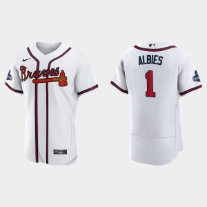 Delightful Atlanta Braves #1 Ozzie Albies Men's Nike 2021 World Series Champions Patch MLB Authentic Player Jersey   White