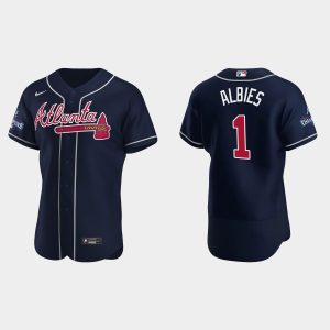 Stunning Atlanta Braves #1 Ozzie Albies Men's Nike 2021 World Series Champions Patch MLB Authentic Player Jersey   Navy
