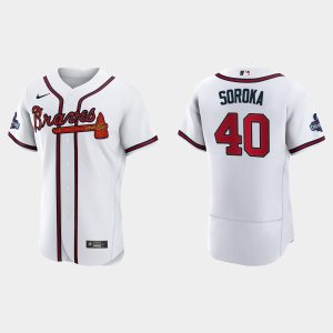 Amazing Atlanta Braves #40 Mike Soroka Men's Nike 2021 World Series Champions Patch MLB Authentic Player Jersey   White