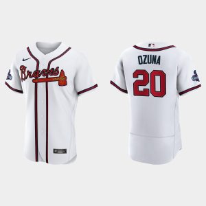 Outstanding Atlanta Braves #20 Marcell Ozuna Men's Nike 2021 World Series Champions Patch MLB Authentic Player Jersey   White