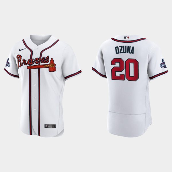 Outstanding Atlanta Braves #20 Marcell Ozuna Men's Nike 2021 World Series Champions Patch MLB Authentic Player Jersey White