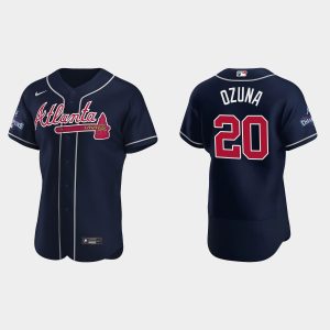 Fantastic Atlanta Braves #20 Marcell Ozuna Men's Nike 2021 World Series Champions Patch MLB Authentic Player Jersey   Navy