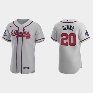 Delightful Atlanta Braves #20 Marcell Ozuna Men's Nike 2021 World Series Champions Patch MLB Authentic Player Jersey   Gray