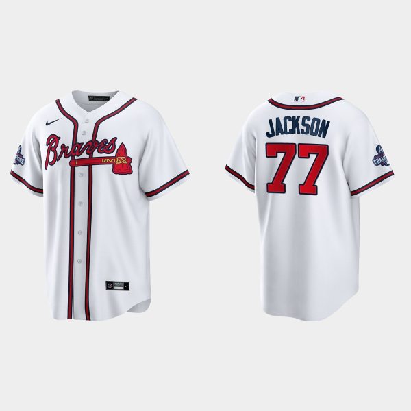 Superb Atlanta Braves #77 Luke Jackson Men's Nike 2021 World Series Champions Patch MLB Authentic Player Jersey White