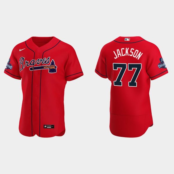 Delightful Atlanta Braves #77 Luke Jackson Men's Nike 2021 World Series Champions Patch MLB Authentic Player Jersey Red