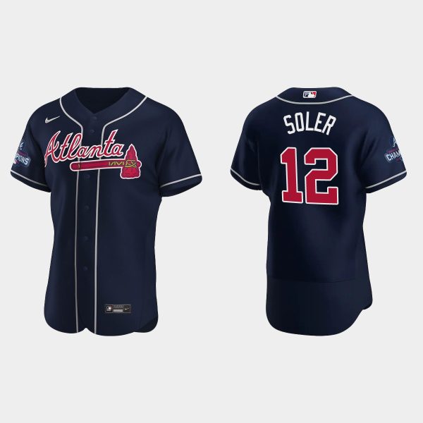 Superb Atlanta Braves #12 Jorge Soler Men's Nike 2021 World Series Champions Patch MLB Authentic Player Jersey Navy