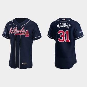 Fantastic Atlanta Braves #31 Greg Maddux Men's Nike 2021 World Series Champions Patch MLB Authentic Player Jersey   Navy
