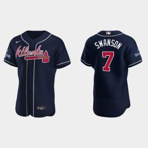 Stunning Atlanta Braves #7 Dansby Swanson Men's Nike 2021 World Series Champions Patch MLB Authentic Player Jersey   Navy