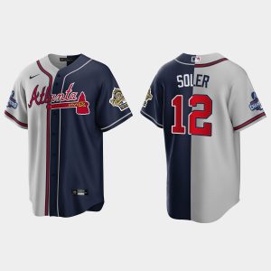 Stunning Atlanta Braves #12 Jorge Soler Men's Nike 2021 World Series Champions 1995 Throwback Split Gray Navy MLB Stitched Jersey