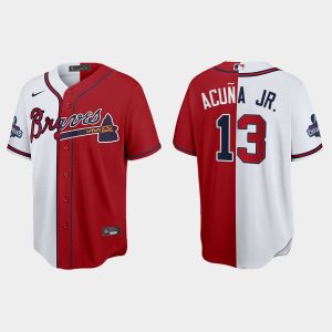 Exceptional Atlanta Braves #13 Ronald Acuna Jr. Men's Nike 2021 World Series Champions Split Red White MLB Stitched Jersey