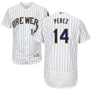 Delightful Brewers #14 Hernan Perez White Strip Flexbase Authentic Collection Stitched MLB Jersey
