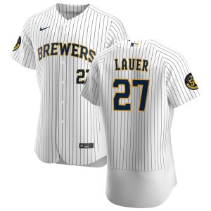 Outstanding Milwaukee Brewers #27 Eric Lauer Men's Nike White Home 2020 Authentic Player MLB Jersey