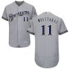 Impressive Brewers #11 Mike Moustakas Grey Flexbase Authentic Collection Stitched MLB Jersey
