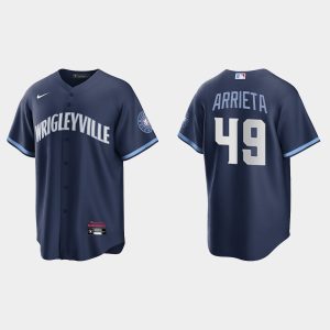 Amazing Chicago Cubs #49 Jake Arrieta Men's Nike 2021 City Connect Fans Version Navy MLB Jersey