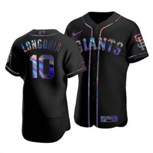 Stunning San Francisco Giants #10 Evan Longoria Men's Nike Iridescent Holographic Collection MLB Jersey   Black