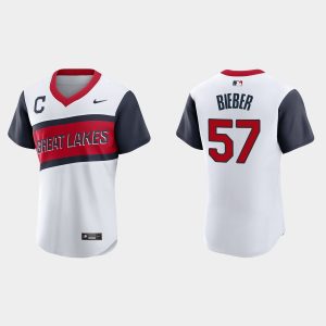 Exceptional Cleveland Guardians #57 Shane Bieber Men's Nike White 2021 Little League Class Authentic MLB Jersey