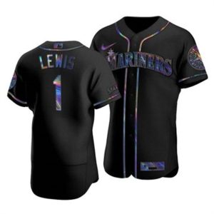 Stunning Seattle Mariners #1 Kyle Lewis Men's Nike Iridescent Holographic Collection MLB Jersey   Black