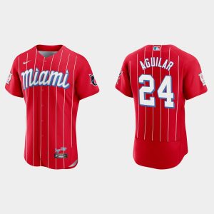 Exceptional Miami Marlins #24 Jesus Aguilar Men's Nike 2021 City Connect Authentic MLB Jersey Red