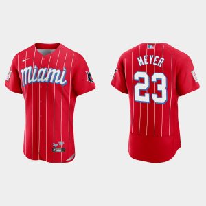 Amazing Miami Marlins #23 Max Meyer Men's Nike 2021 City Connect Authentic MLB Jersey Red