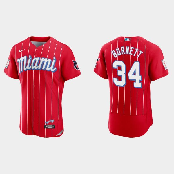 Amazing Miami Marlins #34 A.J. Burnett Men's Nike 2021 City Connect Authentic MLB Jersey Red