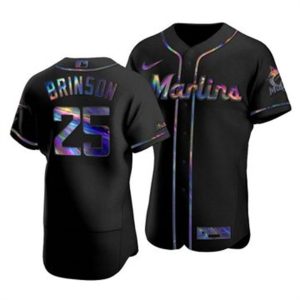 Amazing Miami Marlins #25 Lewis Brinson Men's Nike Iridescent Holographic Collection MLB Jersey   Black