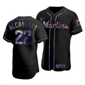 Delightful Miami Marlins #22 Sandy Alcantara Men's Nike Iridescent Holographic Collection MLB Jersey   Black