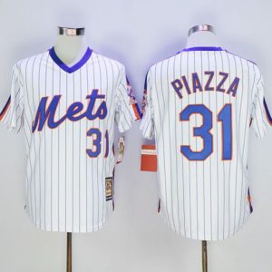 Delightful Mitchell And Ness Mets #31 Mike Piazza White(Blue Strip) Throwback Stitched MLB Jersey