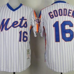 Superb Mitchell and Ness Mets #16 Dwight Gooden Stitched White Blue Strip Throwback MLB Jersey