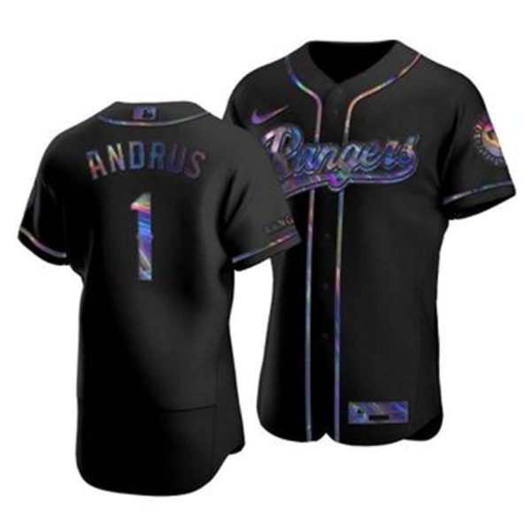 Amazing Texas Rangers #1 Elvis Andrus Men's Nike Iridescent Holographic Collection MLB Jersey Black