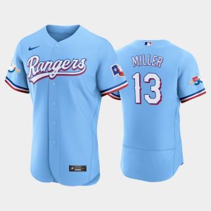 Stunning Texas Rangers #13 Brad Miller Authentic 50th Anniversary Men's Nike Alternate MLB Jersey   Light Blue